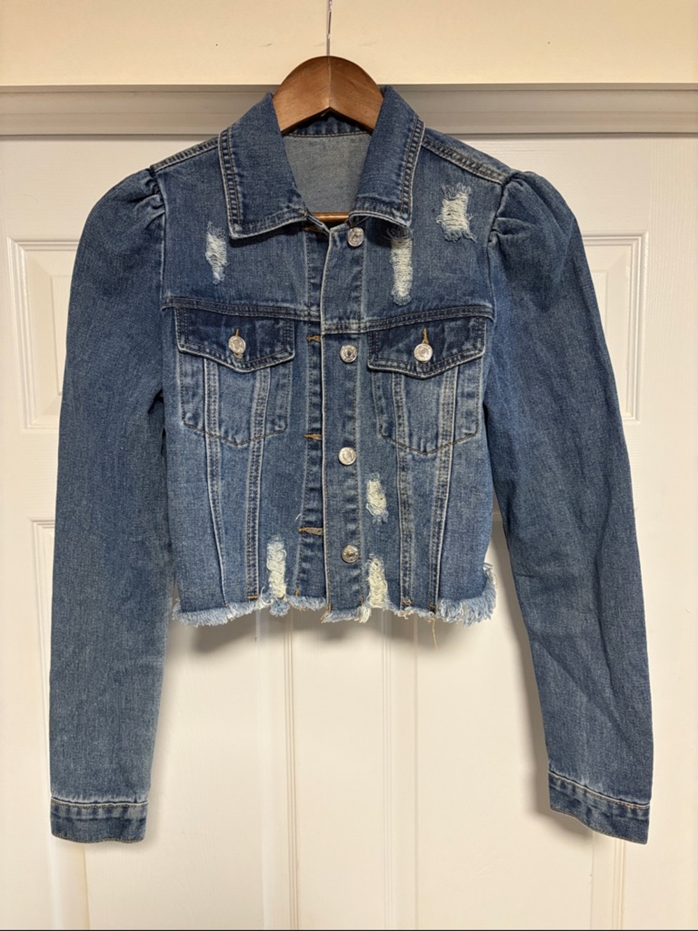 Blue Distressed Denim Jacket - Women